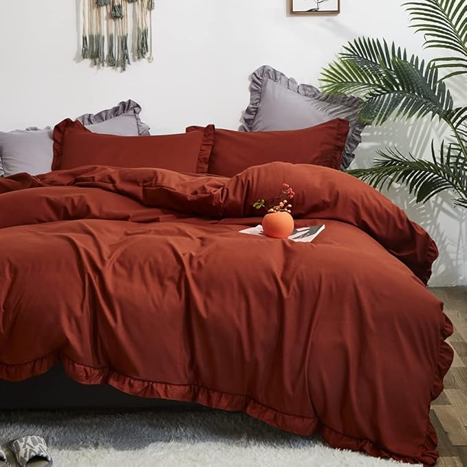 CLOTHKNOW Rust Ruffles Queen Comforter Set Farmhouse Bedding Comforter Sets Burnt Orange Comforter Soft Shabby Chic Comforter Vintage Rustic Bedding Sets