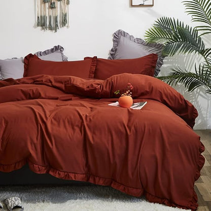 CLOTHKNOW Rust Ruffles King Size Comforter Set Farmhouse Bedding Comforter Sets Burnt Orange Comforter Soft Shabby Chic Comforter Vintage Rustic Bedding Sets