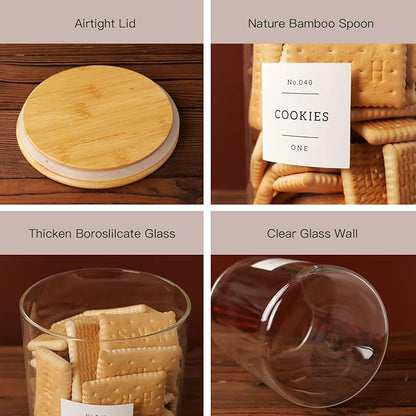Set of 2 Large Glass Flour and Sugar Containers - 100 Fl oz Thicken Glass Storage Jars with Airtight Bamboo Lid and 132 Kitchen Pantry Labels - Big Clear Rice Containers Farmhouse