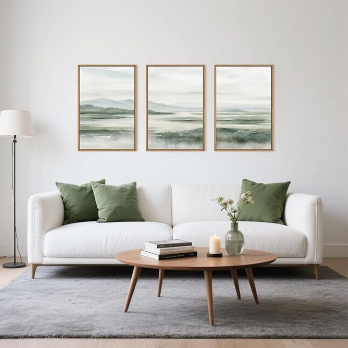 HOURIA Large Watercolor Misty Green Mountain Framed Canvas Wall Art,Neutral Brush Stroke Wall Decor,Modern Landscape Artwork,Nature Minimalist Art Print for Living Room,Bedroom,Office-16 x24 x3