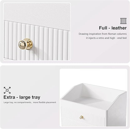 Office Accessories,Begie White Vegan Leather Office Supplies with 3 Drawers & Tray for Desk,Perfume Organizer with Gold-Tone Metal Accents Knob Bedroom