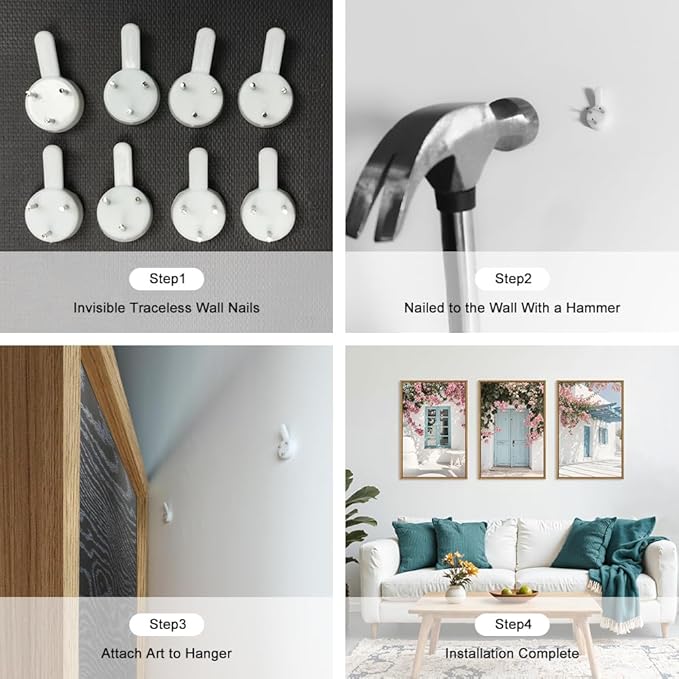 HOURIA Modern Greek Island Cityscape Framed Canvas Wall Art Set,European White House Blue Door Shutter Landscape Wall Decor,Santorini Natural Pink Flower Artwork for Living Room, Bedroom-16 x24 x3