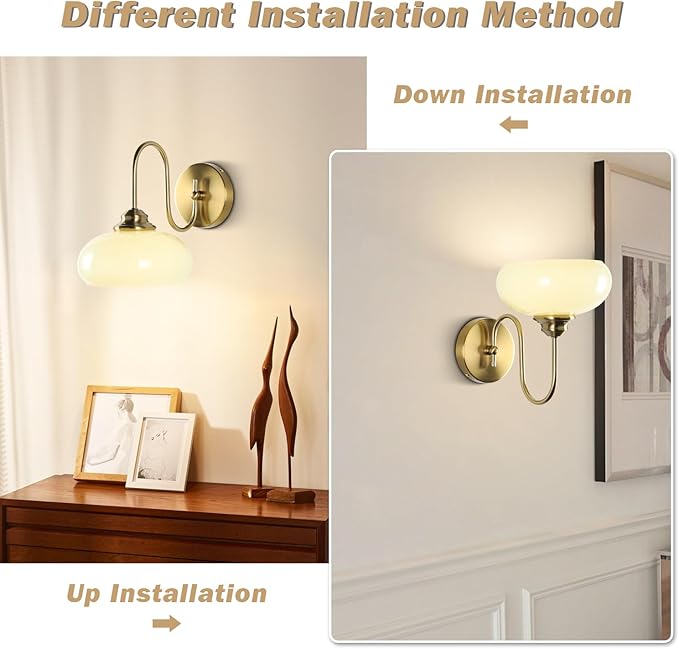 KCO Lighting Mid Century Modern Wall Sconce Vintage 1-Light Green Glass Wall Sconce Antique Brass Wall Light Fixture Brushed Gold Bathroom Vanity Light Hallway Sconces Wall Lighting