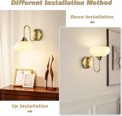 KCO Lighting Mid Century Modern Wall Sconce Vintage 1-Light Green Glass Wall Sconce Antique Brass Wall Light Fixture Brushed Gold Bathroom Vanity Light Hallway Sconces Wall Lighting