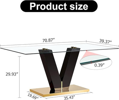 Glass Dining Table Set for 6, 71" Dining Table Set for 6, Dining Room Table Set for 6, Glass Tabletop and MDF Base