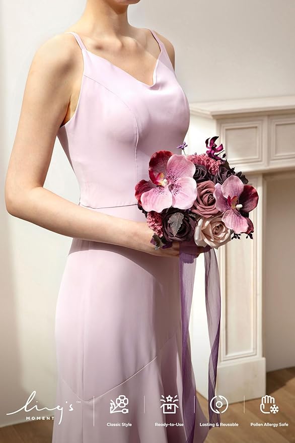 Ling's moment Bridesmaid Bouquet, Plum & Plum Lily Wedding Bouquets for Bridesmaids, Purple 7 Inch Bridal Bouquets for Bridesmaids, Wedding, Ceremony, Anniversary, etc.