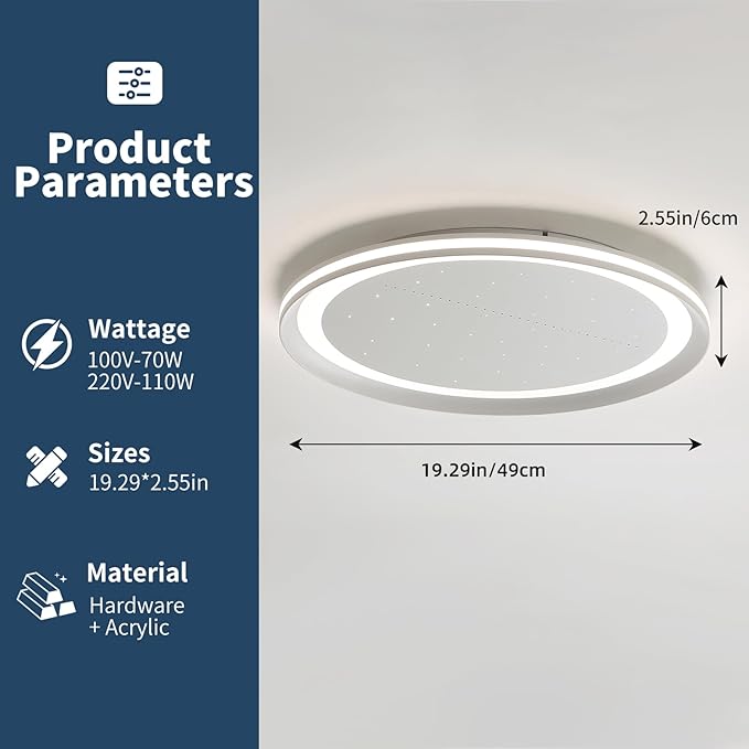 19inch Bedroom LED Ceiling Light, Round Modern Flush Mount Ceiling Light, Night Star Design, Dimmable 3000K-6000K, 70W, Minimalist Office Lamp for Living Room, Study, Kitchen, Bathroom