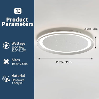 19inch Bedroom LED Ceiling Light, Round Modern Flush Mount Ceiling Light, Night Star Design, Dimmable 3000K-6000K, 70W, Minimalist Office Lamp for Living Room, Study, Kitchen, Bathroom