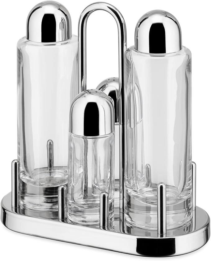 Alessi | 5070 - Design Condiment Set for Oil, Vinegar, Salt and Pepper shaker in 18/10 Stainless Steel and Crystalline Glass