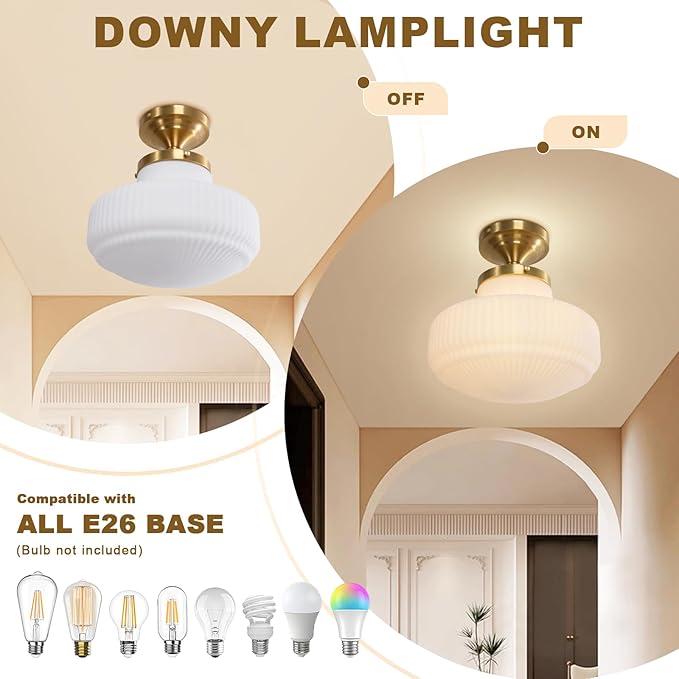 Mid Century Modern Flush Mount Ceiling Light Fixture Vintage Milk Glass Gold Close to Ceiling Lamp Schoolhouse Ceiling Light for Hallway Farmhouse Bedroom Kitchen