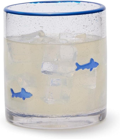 Two's Company Shark Clear Bubble Double Old Fashion Drinking Glass with Hand-Painted Rim, 16-Ounce
