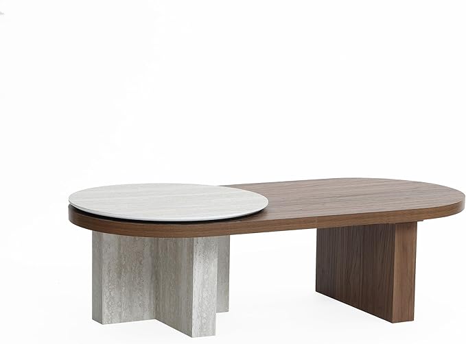 LuxenHome Oval Coffee Table, 47'' Mid Century Modern Walnut Finish Coffee Table for Living Room, Home Or Office, Farmhouse Travertine-Style Unique Wood Accent Center Tables for Small Space