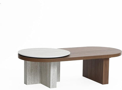 LuxenHome Oval Coffee Table, 47'' Mid Century Modern Walnut Finish Coffee Table for Living Room, Home Or Office, Farmhouse Travertine-Style Unique Wood Accent Center Tables for Small Space