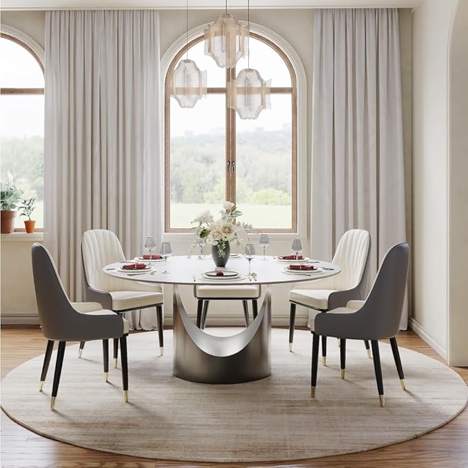 POVISON Round Dining Table, 59" Matte White Sintered Stone Top Dining Table with Gray Carbon Steel Pedestal, Modern Dining Room Table for Kitchen, Living Room (Table Only)