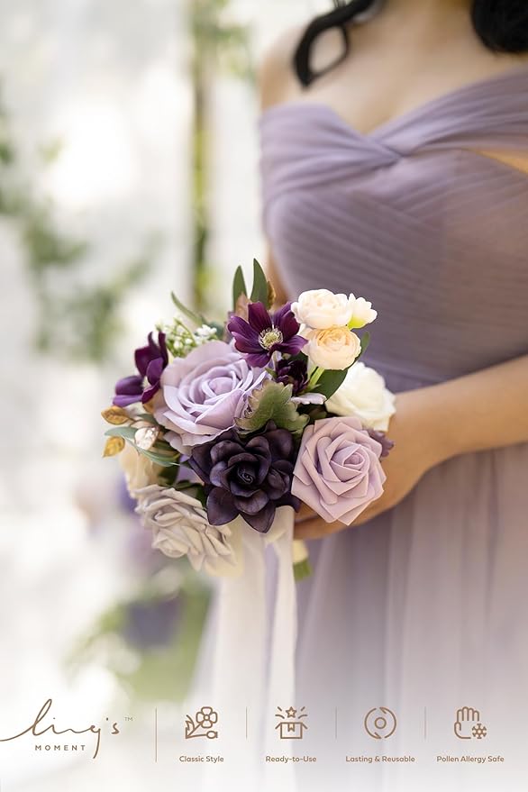 Ling's moment Artificial Flowers Purple Bridesmaid Bouquet, Lavender Wedding Flowers Bouquets for Bridesmaids, 7 Inch Bridal Bouquets for Bridesmaids, Wedding, Ceremony, Anniversary, etc