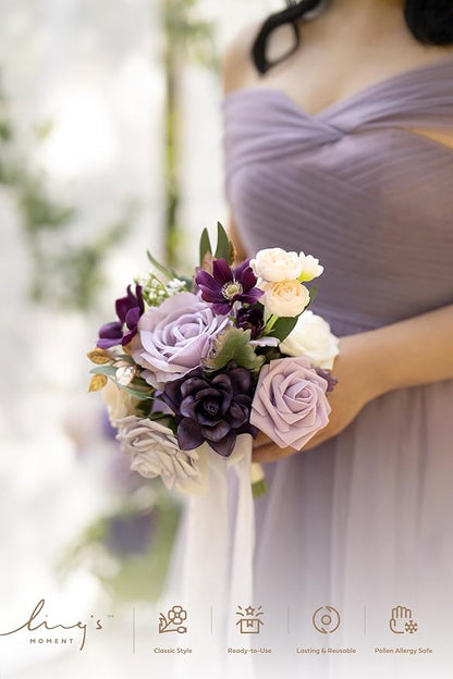 Ling's moment Artificial Flowers Purple Bridesmaid Bouquet, Lavender Wedding Flowers Bouquets for Bridesmaids, 7 Inch Bridal Bouquets for Bridesmaids, Wedding, Ceremony, Anniversary, etc