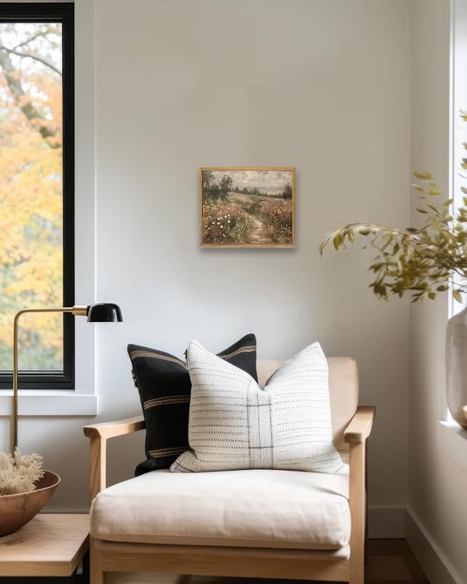 KBKBART Framed Canvas Wall Art for Living Room, Vintage Countryside Wildflower Field Painting Farmhouse Decor, Retro Nature Wilderness Canvas Art Prints for Wall Decor, Rustic Landscape Wall Decor for Bathroom, Bedroom Living Room(8"x10")