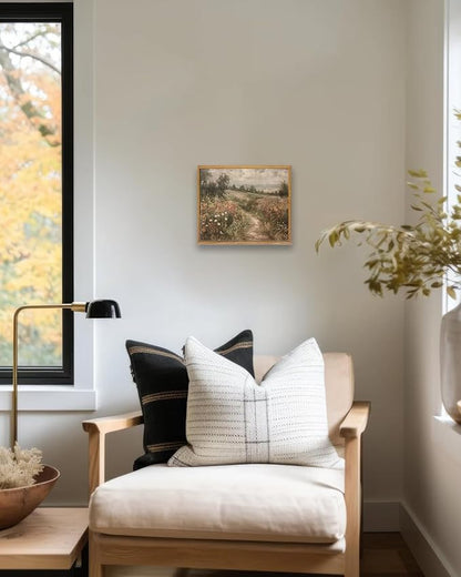 KBKBART Framed Canvas Wall Art for Living Room, Vintage Countryside Wildflower Field Painting Farmhouse Decor, Retro Nature Wilderness Canvas Art Prints for Wall Decor, Rustic Landscape Wall Decor for Bathroom, Bedroom Living Room(8"x10")