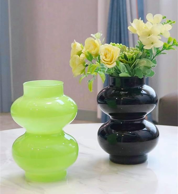 JSPYFITS Glass Hydroponic Flower Vase, Double Balls Colored Glasses Bubble Vases for Flower, 7 Inches Glass Funky Vase for Home/Office/Weddings/Party Table Flower Décor (Milky Green)