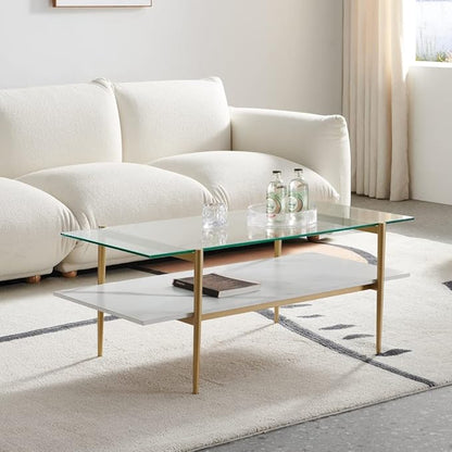 AGV LIGHTING Tadio Glass Coffee Table, Mid-Century Modern Coffee Table for Living Room, Gold Finish Leg, Clear Glass Top & Faux Marble Shelf, 41 in