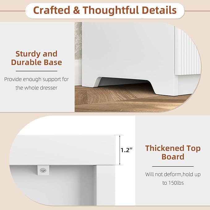 Fluted 6 Drawers Dresser,Modern Large Wood Dresser,Chest of Drawers for Bedroom, Living Room,Hallway,Entryway,TV Stand Drawer Organizer(Fluted White)