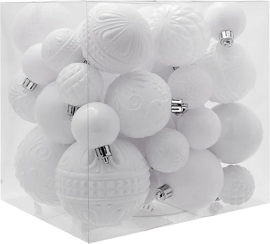White Christmas Ball Ornaments Christmas Tree Decorations 36pcs Shatterproof Christmas Ornaments Set with 6 Styles in 3 Sizes(Small Medium Large)