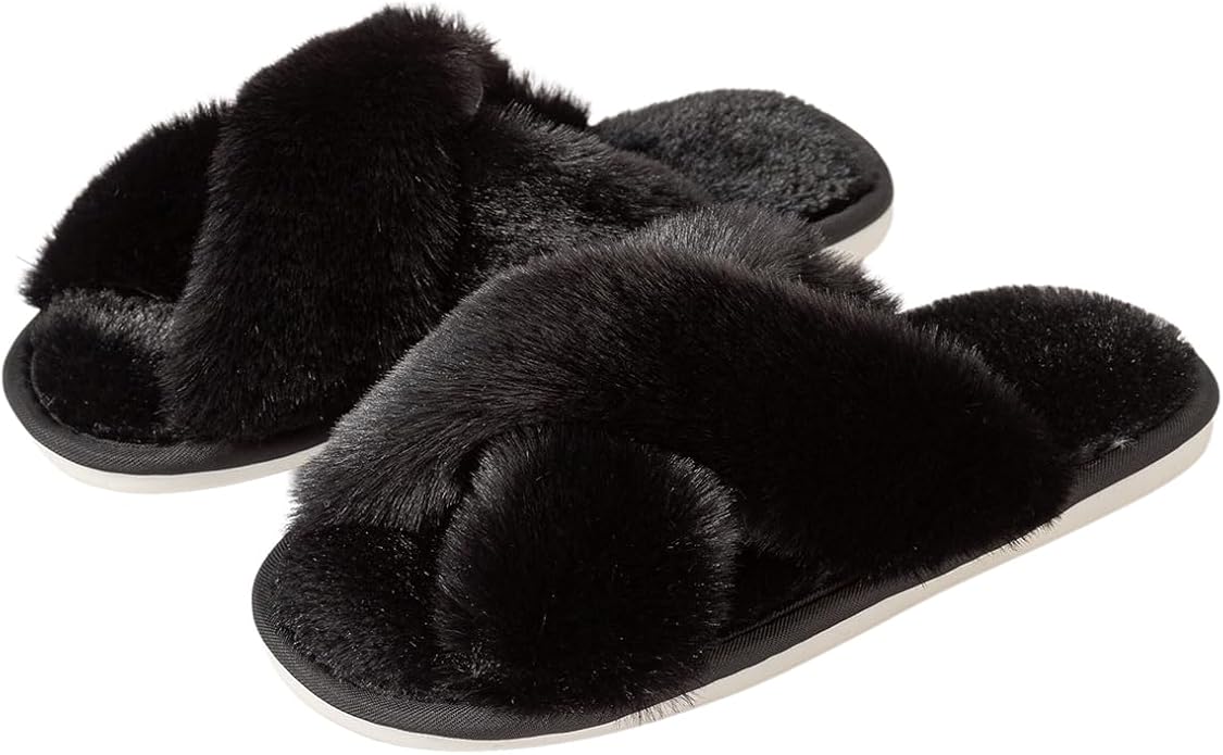Women's Slipper Memory Foam Cross Band Fuzzy Slippers Open Toe Cozy House Slippers Cozy Plush Bedroom Indoor Outdoor