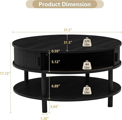 31.5” Round Coffee Table with Storage, Mid Century Modern 2 Tier Coffee Table with Tambour Sliding Door, Solid Wood Legs Fluted Center Table for Living Room Home Office Small Space, Black
