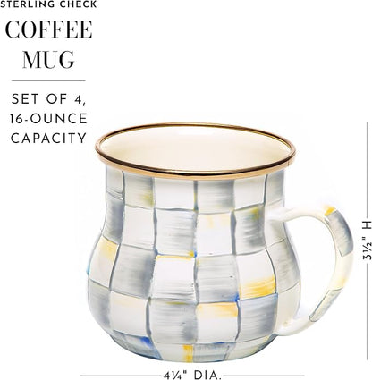 MACKENZIE-CHILDS Enamel Mug, Cute Enamelware Coffee and Tea Mug, Unique Drinkware, 16 Ounces, Gray-and-White Sterling Check, Set of 4