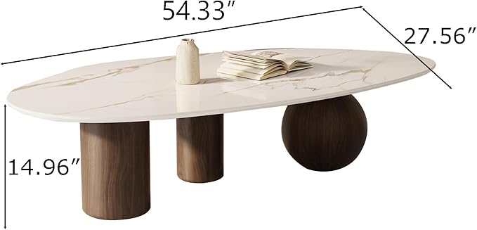 Modern Oval Coffee Table for Living Room, 54" Sintered Stone Cloud Coffee Tabletop with 3 Metal Legs, Minimalist Living Room Table Tea Table Center Table for Home Office