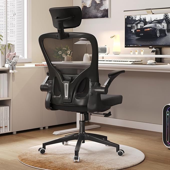 Ergonomic Office Chair, High-Back Mesh Desk Chair with Adjustable Height, Lumbar Support, Flip-Up Armrests,headrest，and Swivel Rolling Design for Home and Office Use
