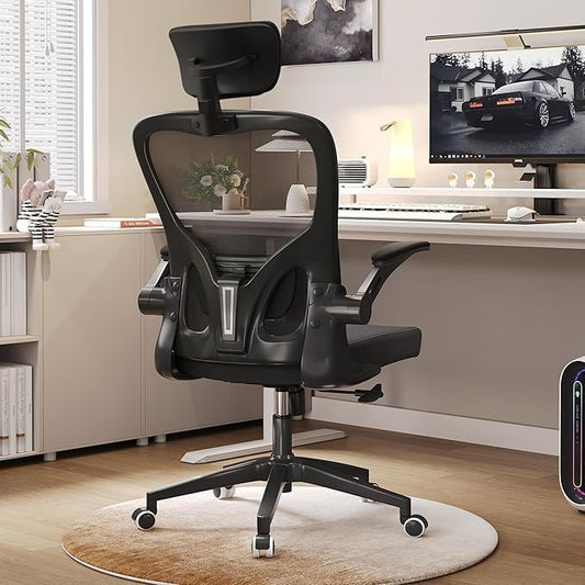 Ergonomic Office Chair, High-Back Mesh Desk Chair with Adjustable Height, Lumbar Support, Flip-Up Armrests,headrest，and Swivel Rolling Design for Home and Office Use