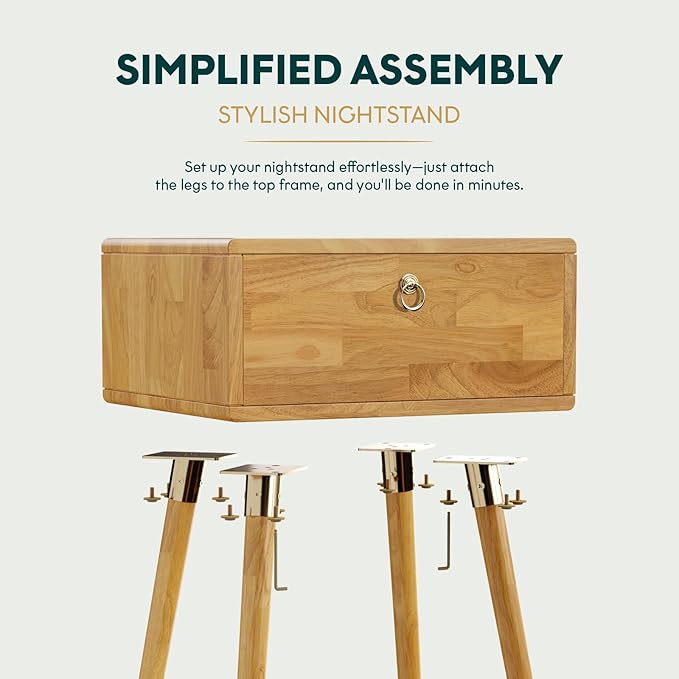 Bme Alden Wood Nightstand, Solid Wood End Table, Mid Century Modern Nightstand, Side Table with 1 Drawer, Compact for Bedroom, Living Room & Study Room, Easy Assembly, Light Natural