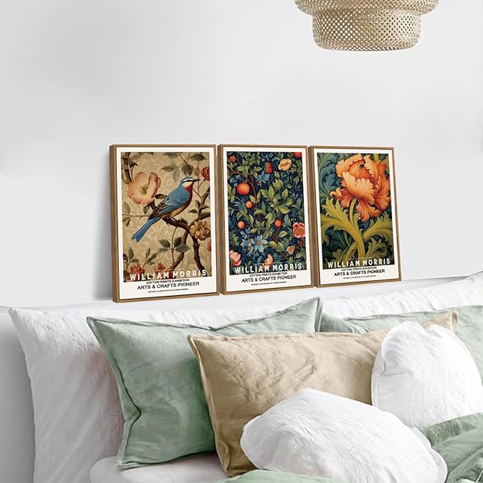 ILLBDR William Morris Framed Wall Art Vintage Bird Canvas Wall Art Set of 3 Colorful Floral Prints Botanical Artwork Classic Aesthetic Pictures Decor for Bedroom Living Room 12x16 Inch