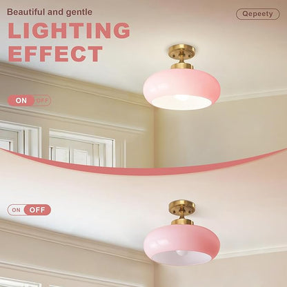 Flush Mount Ceiling Light, 2-Pack 11.02 Inch Pink Glass Close to Ceiling Light Glass Shade Golden Modern Lighting Farmhouse Hallway Light Fixtures for Hotel Entryway Girls Bedroom Foyer