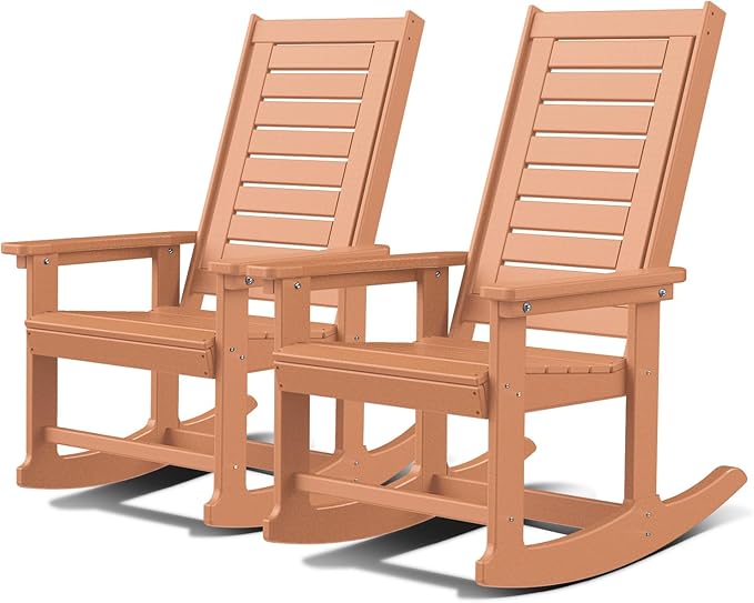 GREENVINES Outdoor Rocking Chairs | Set of 2 | Porch Rocker | HDPE Plastic | Teak | Oversized Rockers | High Back | Big & Tall | Ladder Back | for Patio Outside Backyard Balcony Garden