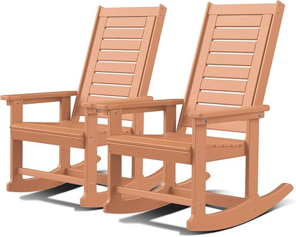 GREENVINES Outdoor Rocking Chairs | Set of 2 | Porch Rocker | HDPE Plastic | Teak | Oversized Rockers | High Back | Big & Tall | Ladder Back | for Patio Outside Backyard Balcony Garden