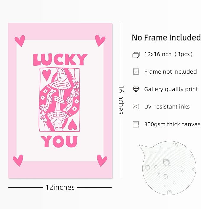 Lucky You Pink Wall Art Guest Check Preppy Wall Decor Trendy Aesthetic Canvas Wall Art Funky Poster Cute Picture Prints Inspirational Artwork for Room Bedroom 12x16 Inch Unframed Set of 3
