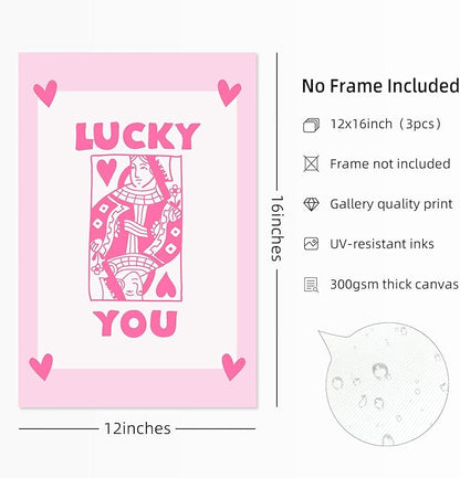 Lucky You Pink Wall Art Guest Check Preppy Wall Decor Trendy Aesthetic Canvas Wall Art Funky Poster Cute Picture Prints Inspirational Artwork for Room Bedroom 12x16 Inch Unframed Set of 3