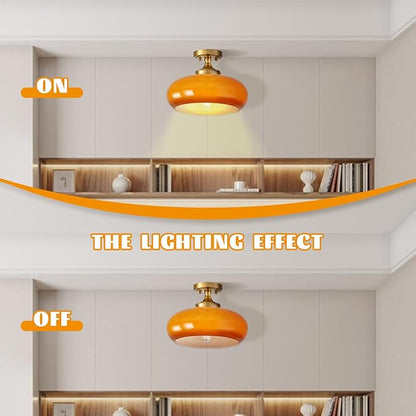 Mid Century Modern Gold Semi Flush Mount Ceiling Light Classic Orange Ceiling Lamp Vintage Glass Kitchen Light Fixture for Hallway Entryway Living Room Bathroom