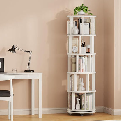 Solid Wood Rotating Bookshelf on Wheels, 5 Tier, Round Revolving Bookcase, 360° Spinning Book Shelf Tower for Kids, Narrow Rolling Bookshelves for Small Space, Corner, Bedroom, Office, White