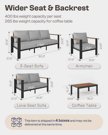 Aluminum Outdoor Patio Furniture Set with Table, 5 Piece Patio Conversation Sets, Outdoor Seating Sectional Furniture for Porch, Balcony, Yard, Gray