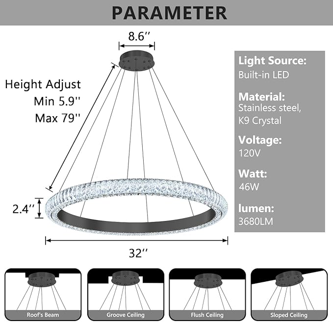 32" 1 Ring Crystal Chandelier Modern LED Dimmable Ring Pendant Light Chandelier for Dining Room Living Room Black