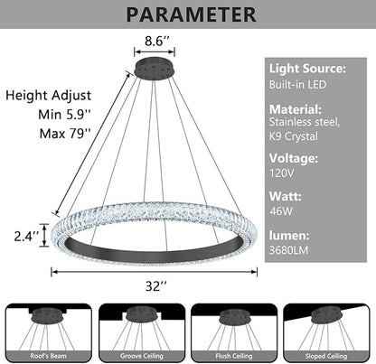 32" 1 Ring Crystal Chandelier Modern LED Dimmable Ring Pendant Light Chandelier for Dining Room Living Room Black