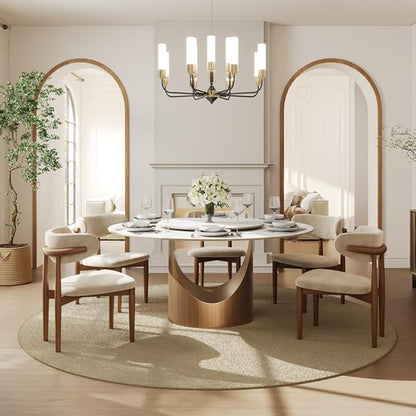 POVISON Round Dining Table with Lazy Susan, 59" Matte White Sintered Stone Top Dining Table with Bronze Carbon Steel Pedestal, Modern Dining Room Table for Kitchen, Living Room (Table Only)