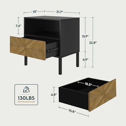 Bme Vivian Solid Wood Nightstand, End Table, Bedside Table with Herringbone Pattern for Rustic Bedroom, Easy Assembly, Rustic Seadrift and Black