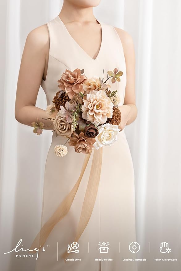 Ling's moment Gold Sparrow Bridesmaid Bouquet, Wedding Bouquets for Bridesmaids, 7 Inch Bridal Bouquets for Bridesmaids, Wedding, Ceremony, Anniversary, etc.