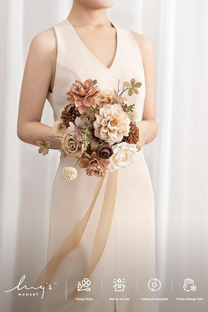 Ling's moment Gold Sparrow Bridesmaid Bouquet, Wedding Bouquets for Bridesmaids, 7 Inch Bridal Bouquets for Bridesmaids, Wedding, Ceremony, Anniversary, etc.