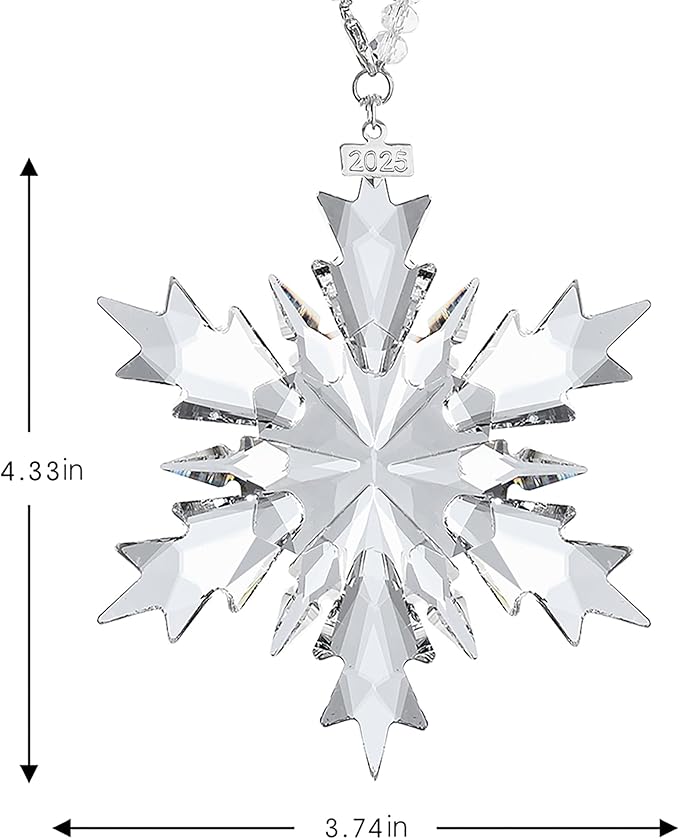 2025 Annual Christmas Ornaments Crystal Snowflake Star Clear White Faceted Crystal with Tone Metal Accents and Rayon Ribbon-New Year Christmas Tree Ornaments Crystals Sun Catcher Home Hanging Decor
