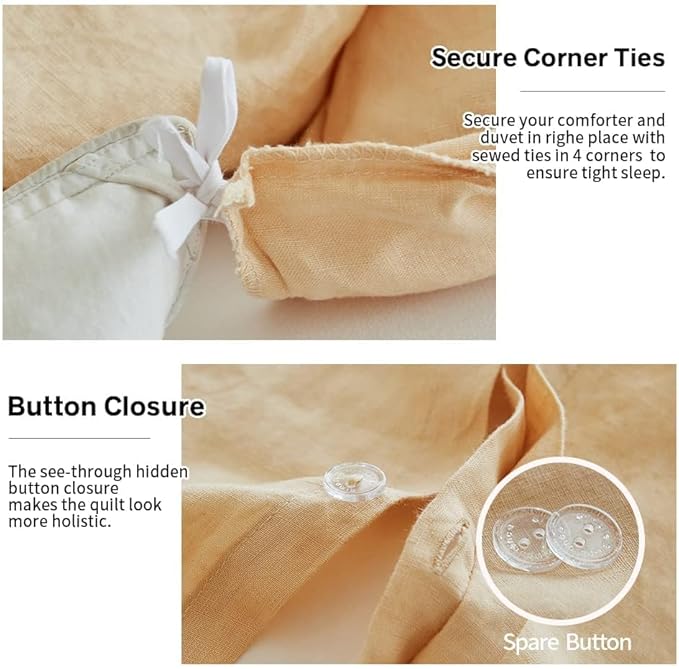 Simple&Opulence 100% Linen Duvet Cover Set, 3 PCS Natural French Flax Sand Duvet Cover Queen Size, Breathable Soft Comfy Linen Bedding Comforter Cover with 2 Pillowcases(Sand, 88"x92")